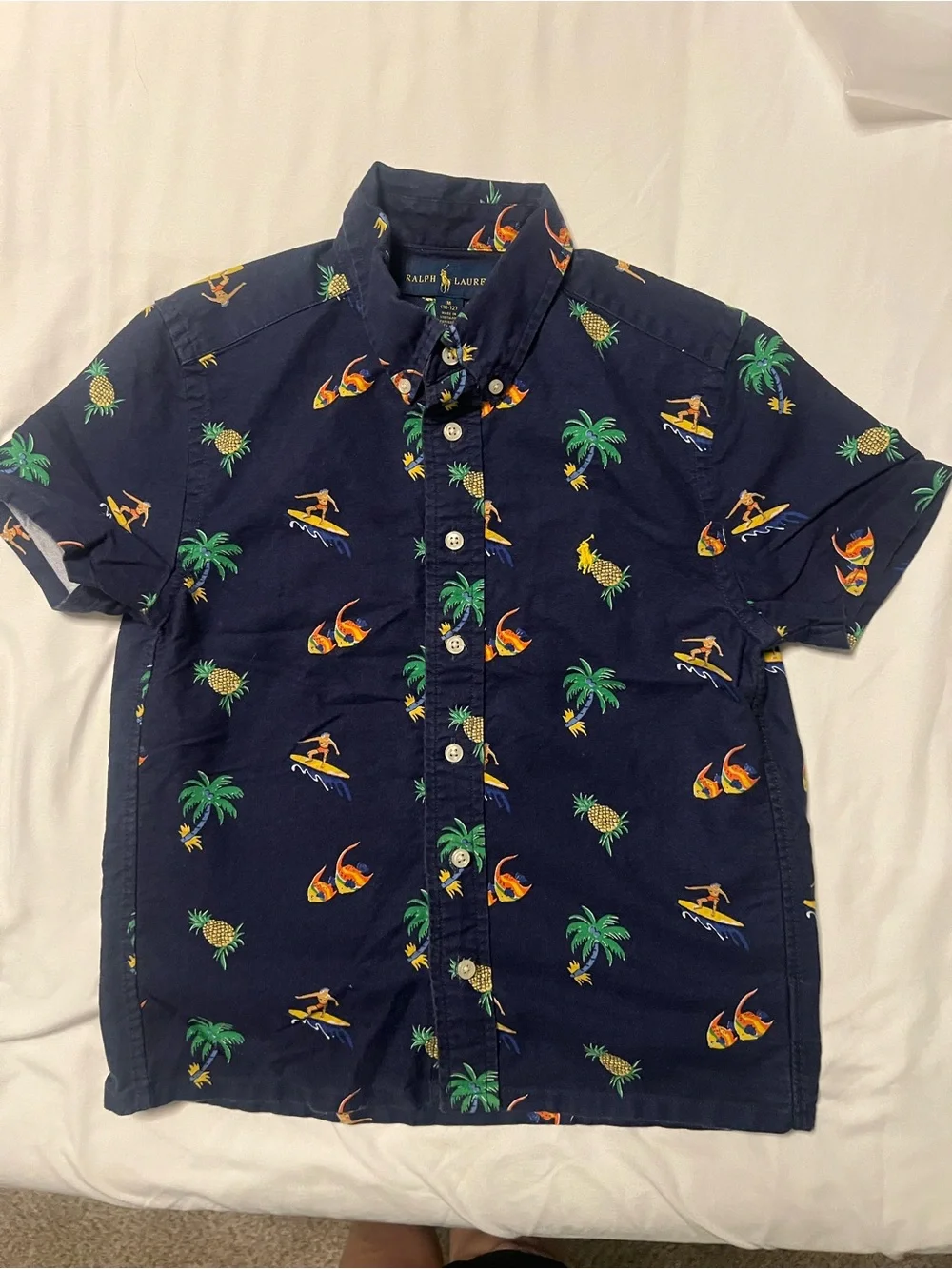 Boy’s Size 10-12 Ralph Lauren Navy Tropical Surf Print Short-Sleeve Shirt